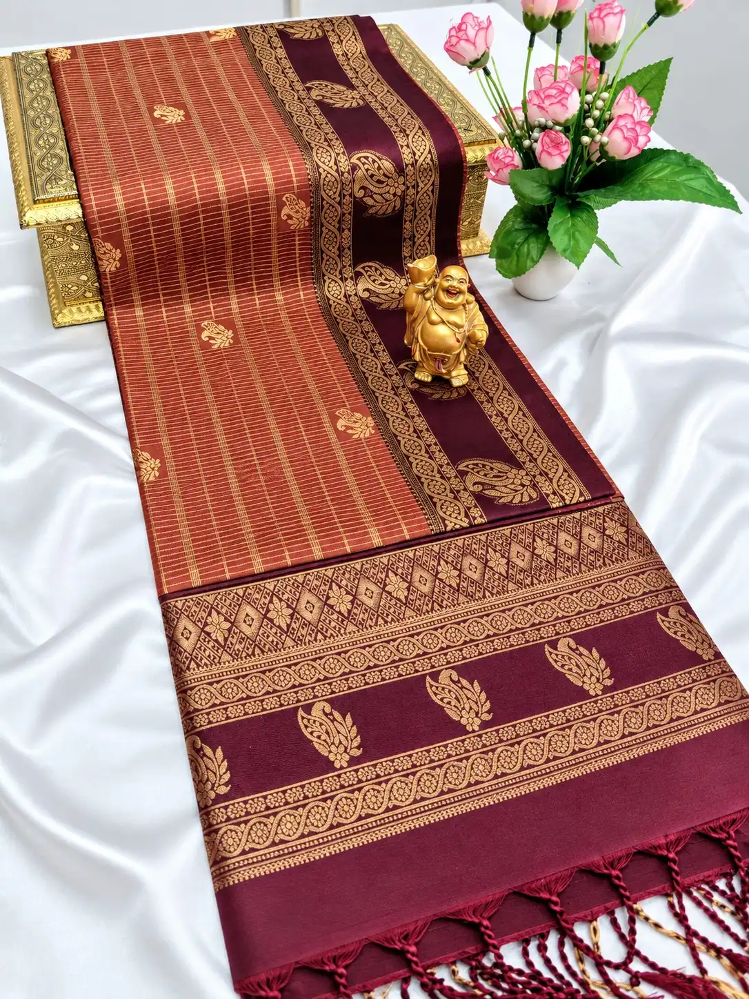 Rust Maroon Striped Jari Pallu Semi Kanchipuram Silk Saree